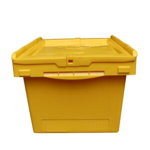 Plastförvaringsbehållare med gångjärnslock
